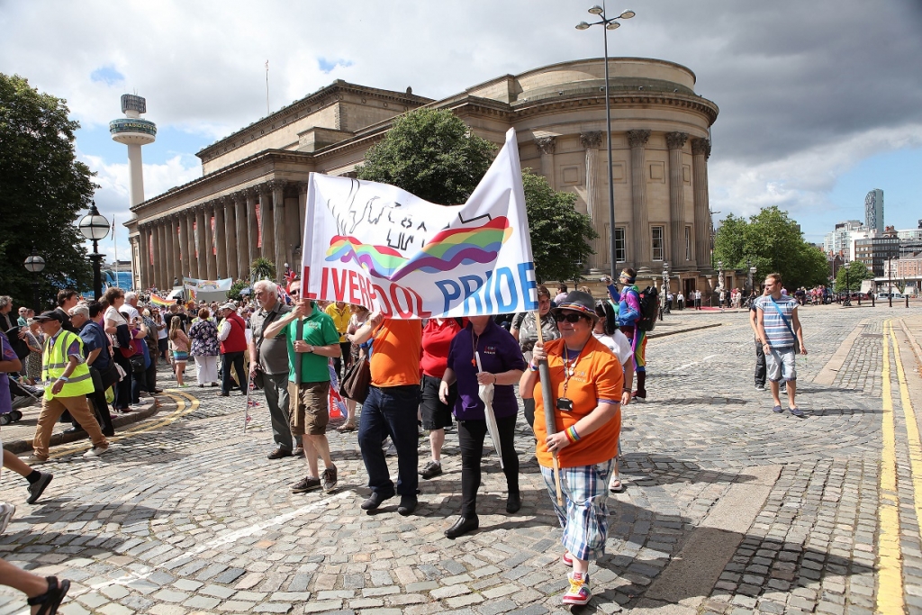 2013 Liverpool Pride March leaving St. Georges Plateau on it's way through Liverpool, photograph by David Munn