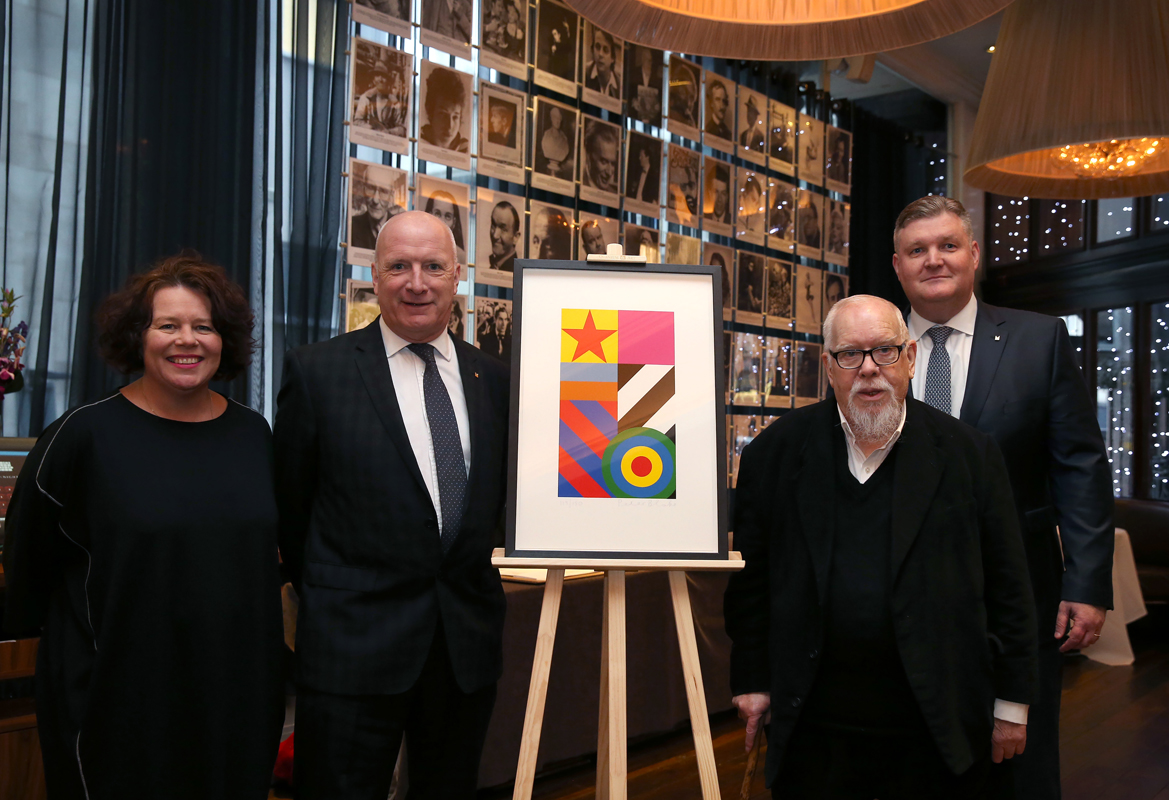 Sir Peter Blake pictured at The Hard Days Night Hotel and the Restaurant named after him. Sir Peter Blake limited edition launch. Pictured on some of the images with Peter is Sally Tallant Director Liverpool Biennial. Mike Dewey General Manager of Hard Days Night Hotel plus Clive Harrington Senior Vice President Operations of Millennium Hotels and Resorts in Europe.  Images by Gareth Jones