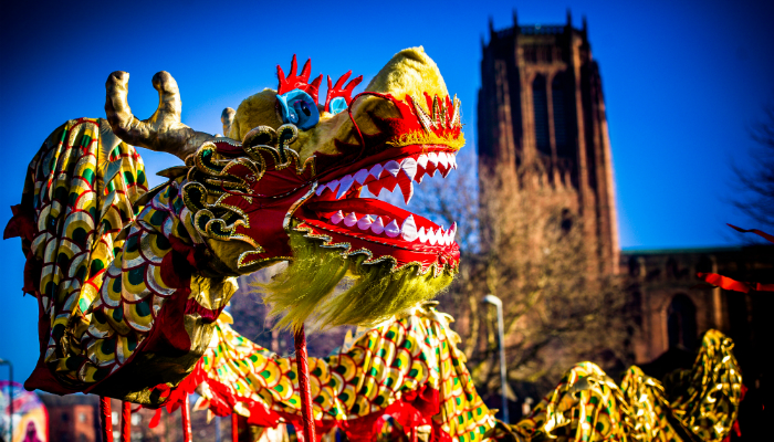 Chinese New Year Dragon in front of Liverpool Anglican Cathedral