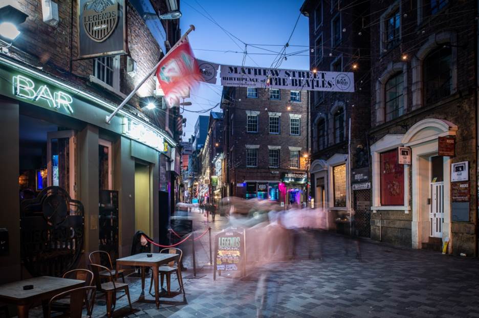Mathew Street of a night with venues lit up