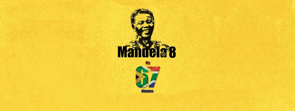 Black and white image of nelson mandela on a yellow background. Under the image is the number 67 with the south african flag colour scheme on the 67