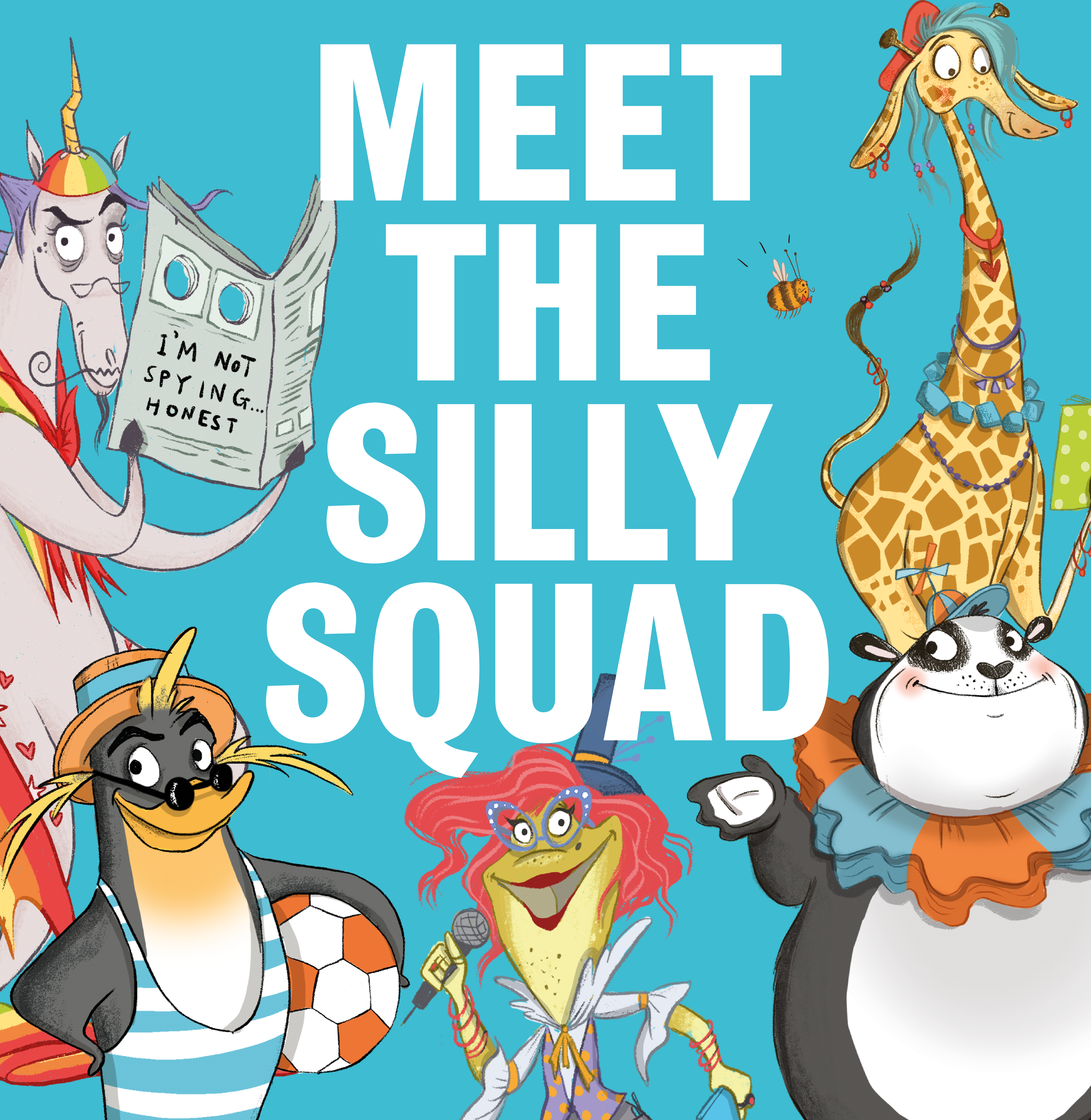 Text in white saying meet the silly squad and surrounded by silly squad characted incuding a giraffe, penguin, frog and bear
