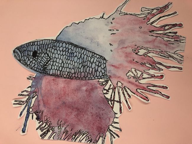 dot art schools winner of a grey scaled fish with pink fins on a pastel pink background