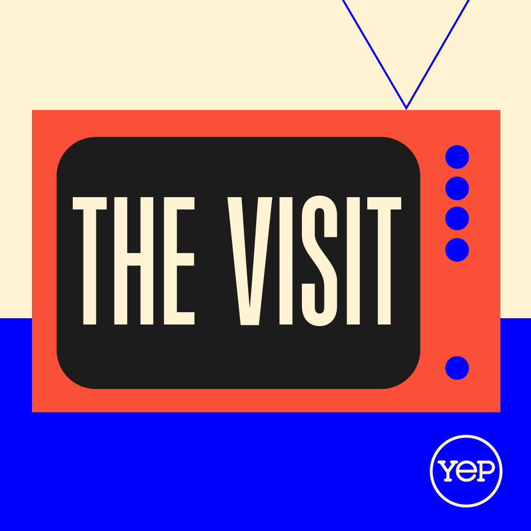 an orange television set with a blacked out screen with words saying the visit in uppercase beige letters set against a split horizontal background of beige and blue. The liverpool everyman playhouse logo is in the bottom right corner