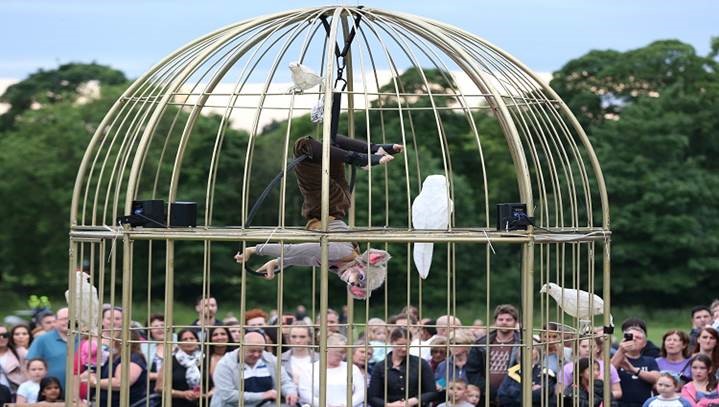 a giant birdcage with a person dressed as a mouse inside hanging upside down surrounded by people in a park watching for the liverpool without walls programme