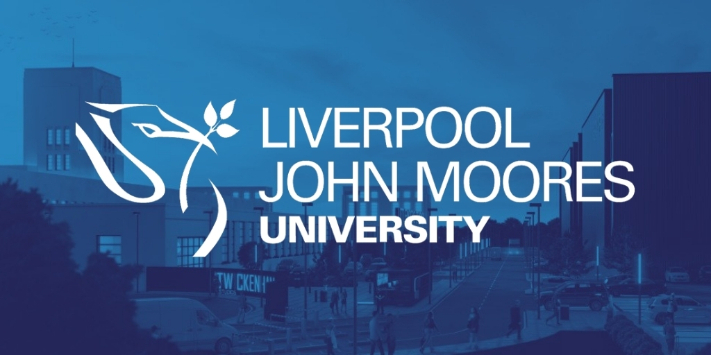 Blue square with the liver bird to the left outlined and the words LIVERPOOL JOHN MOORES UNIVERSITY in capitals in white wording next to it