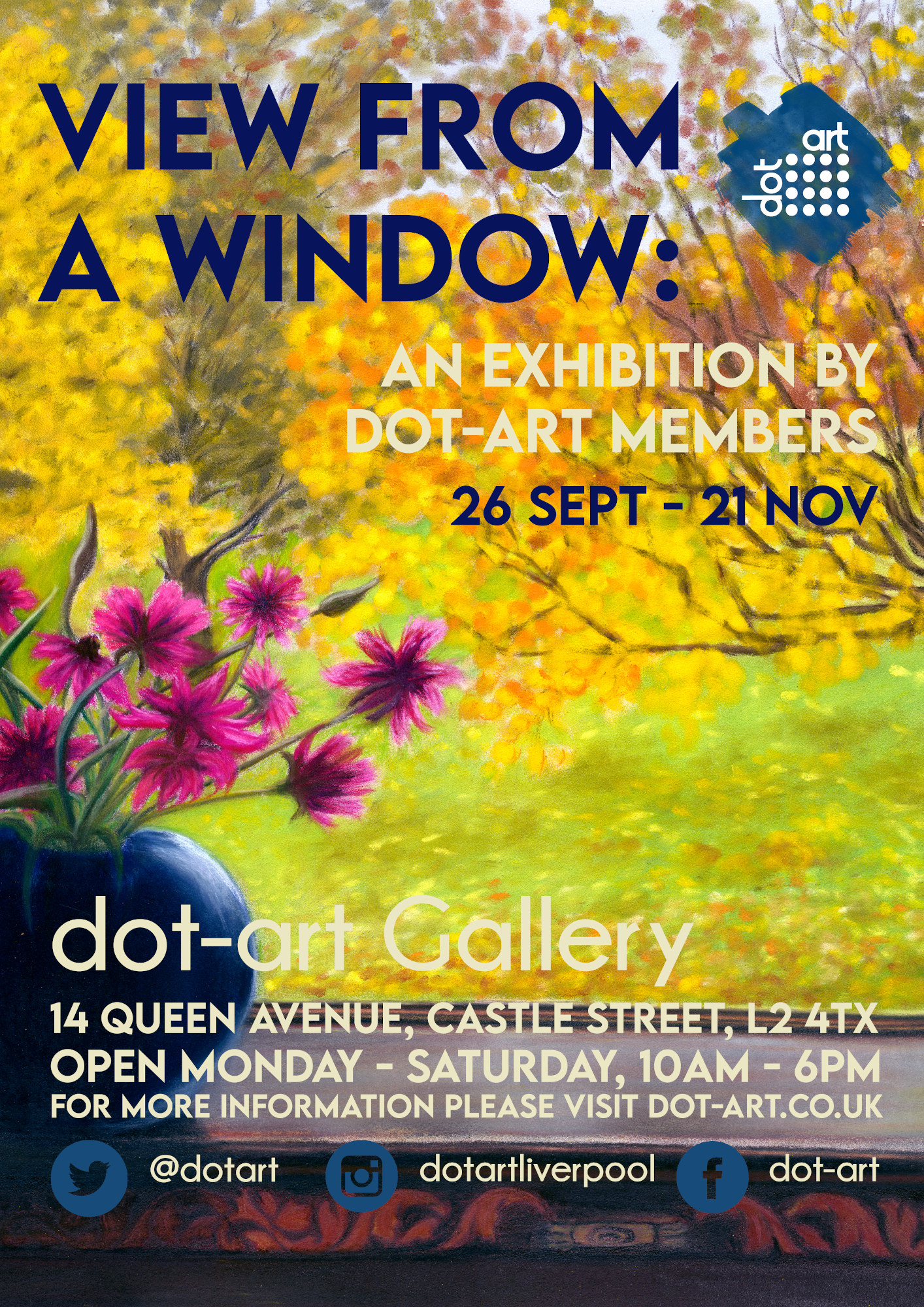 dot art poster promoting exhibit featuring flowers on a windowsill, dot art logo and title view from a window