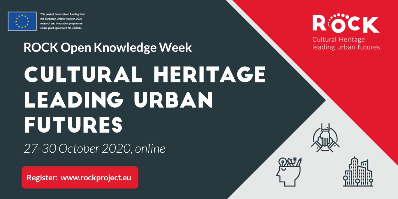 ROCK designed image with grey, red and white angular shapes with wording across saying cultural heritage leading urban futures