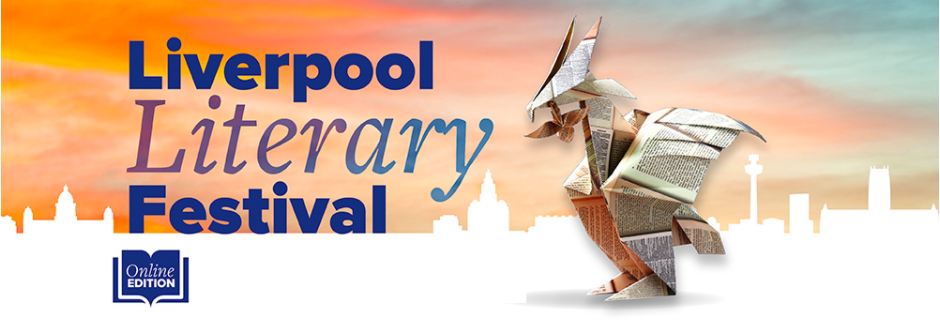 Liverpool Literary festival logo with a liverbird made of book paper against an orange sky and white liverpool skyline