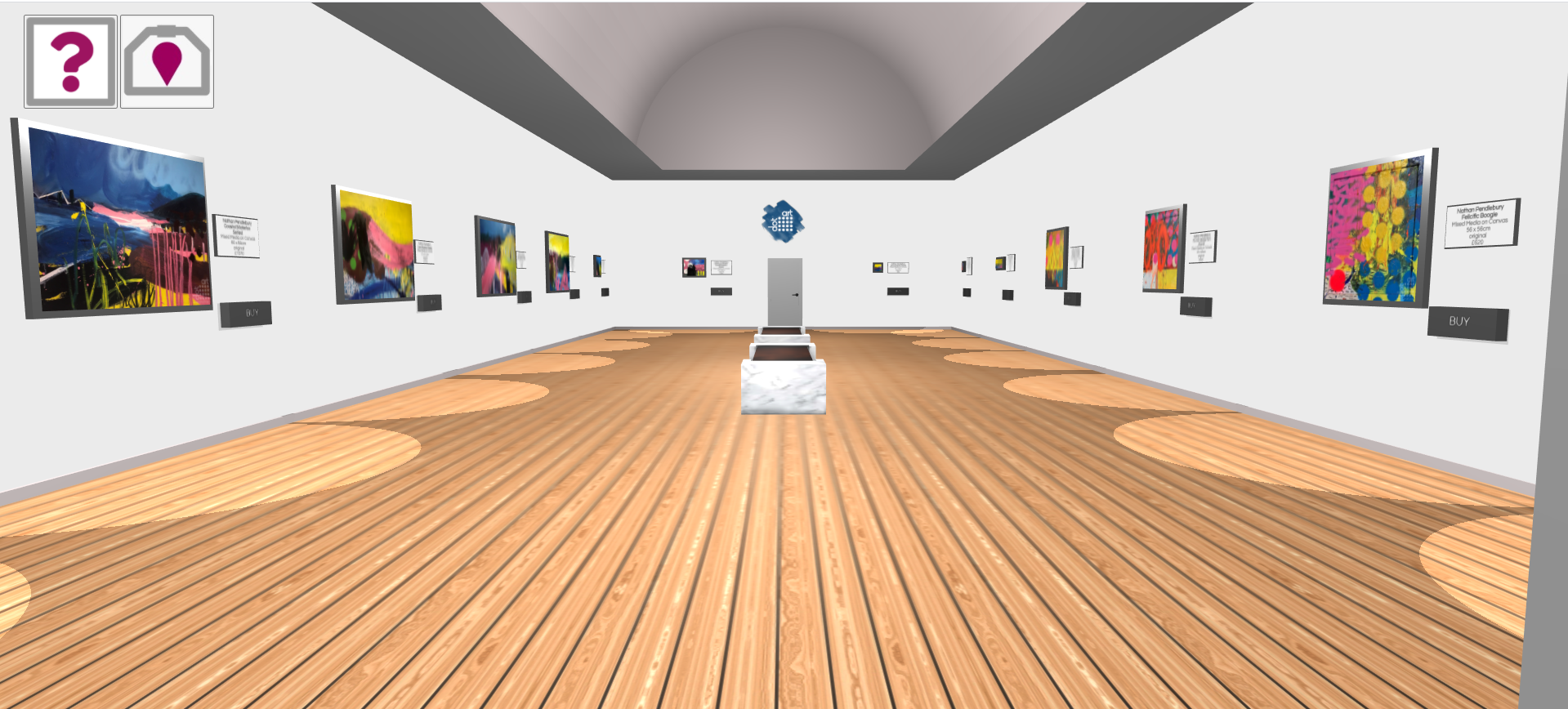 dot art virtual gallery showing images on white walls with a brown floor layout in front