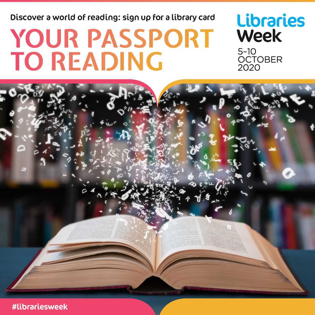 national libraries week branding with an open bok with words juping out the page