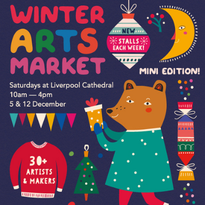 winter arts market poster featuring a cartoon bear and christmas decorations - a christmas tree, christmas cracker and christmas bauble