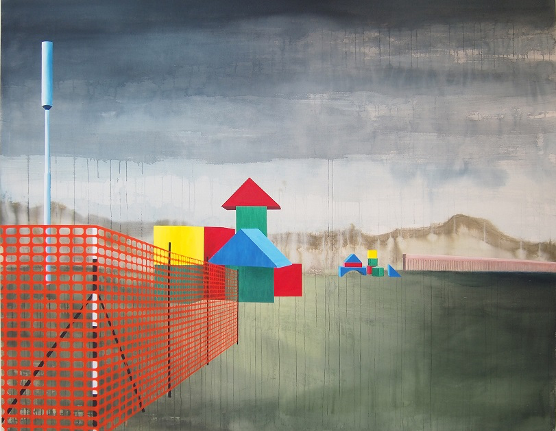 Josie Jenkins artwork image of building blocks behind a red net wall against a grey sky