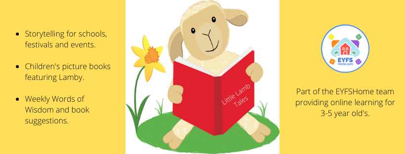 a little lamb reading a book on a green field with a yellow daffodil