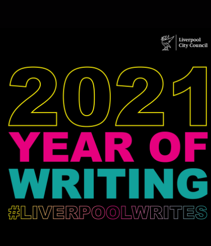 black box with 2021 year of writing in words, liverpool city council logo top right and #LiverpoolWrites underneath