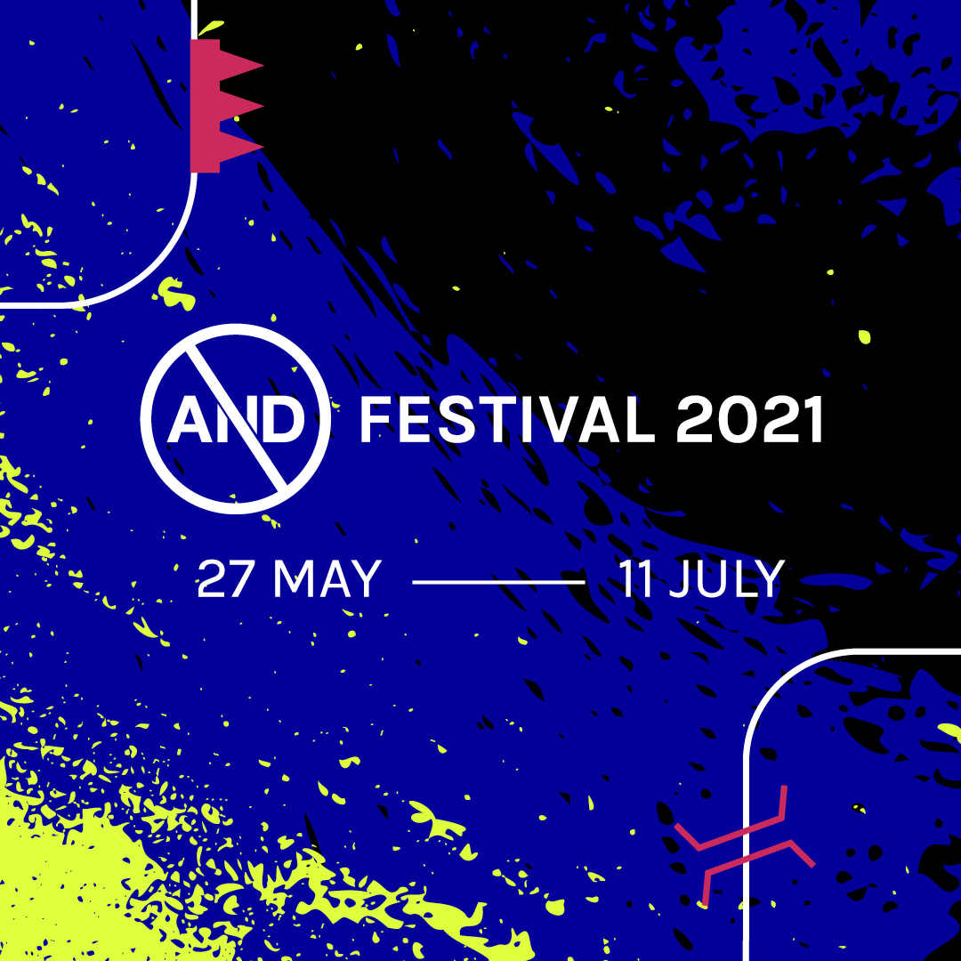 blue and yellow box with white text AND Festival 2021