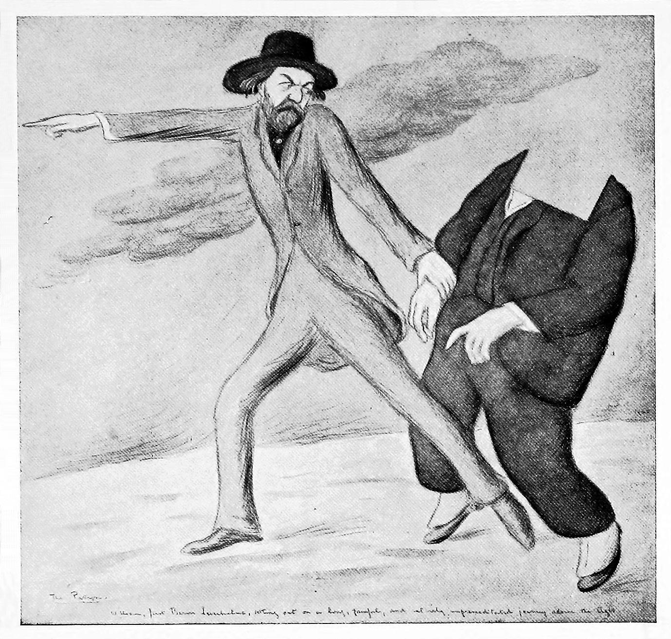 artwork - pencil drawing of a man pointing to the left looking back at a headless body