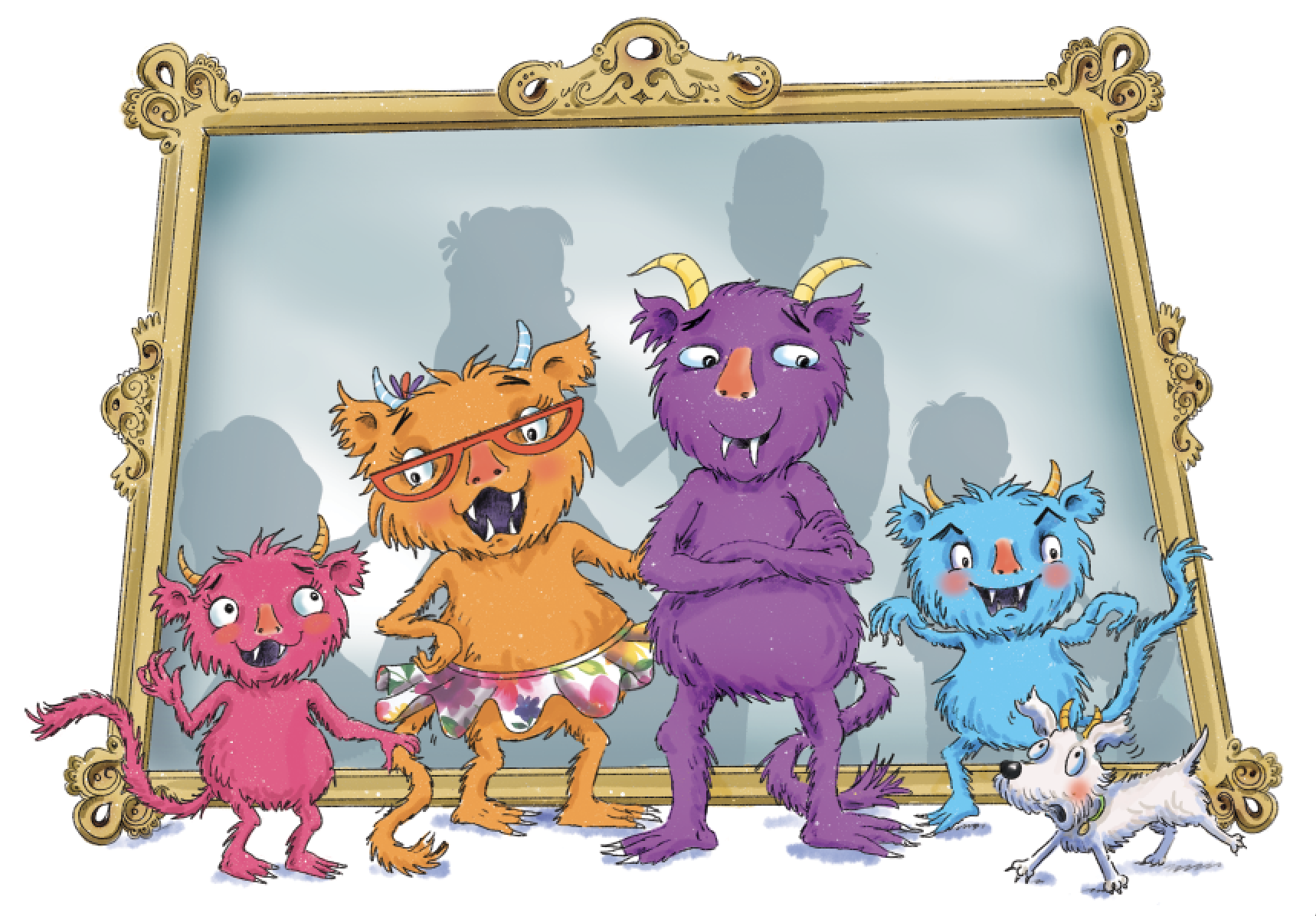 4 cartoon monsters stood in front of a mirror