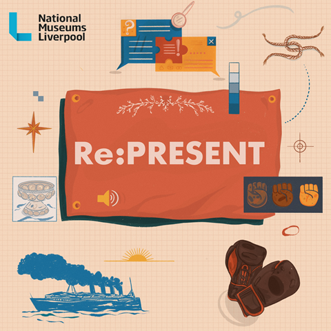 promotional poster for we present at the national museum of liverpool - orange box saying RE: PRESENT around it are illustrated versions of a train, patterns, tickets and creative artworks