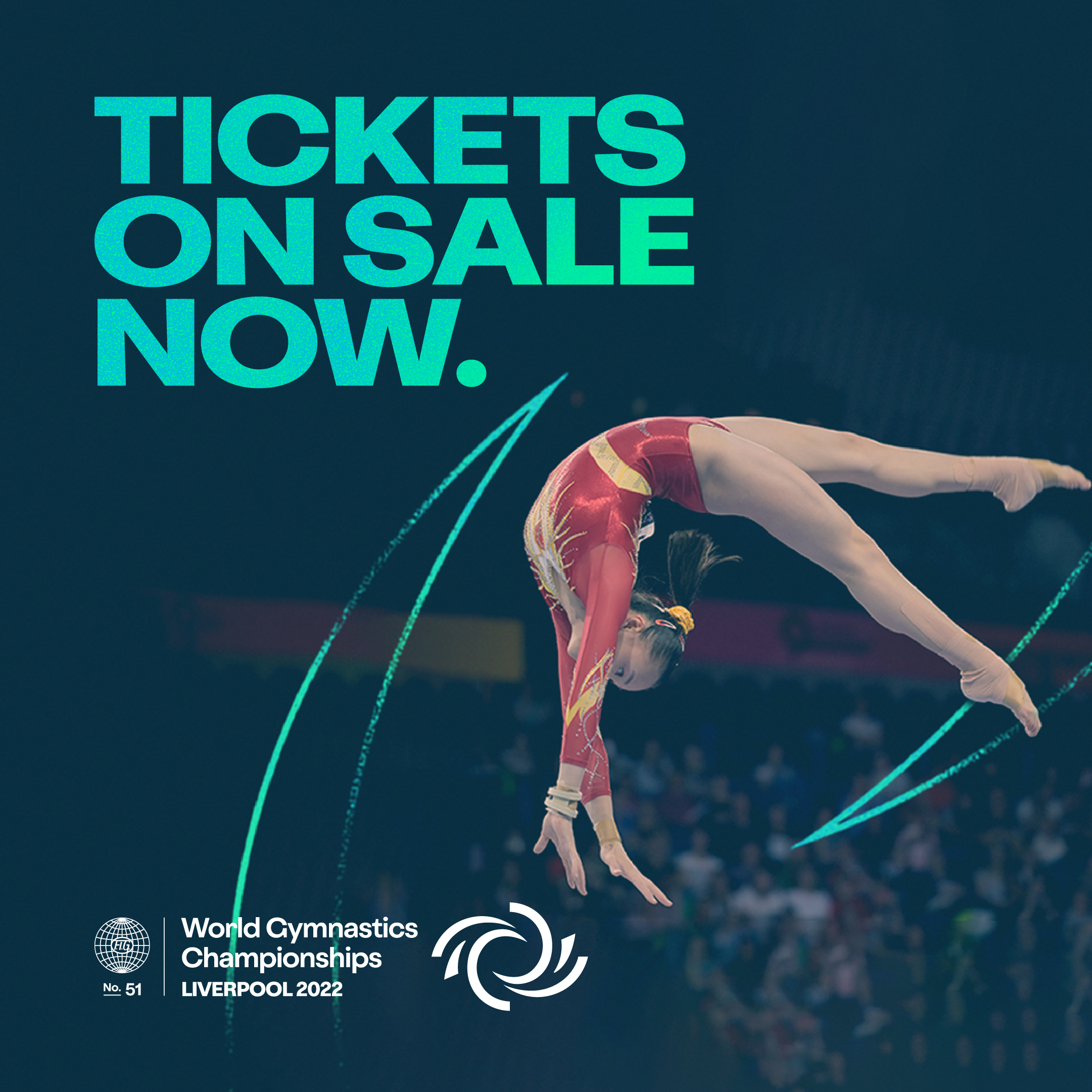 girl doing gymnastics in air with text saying tickets on sale now