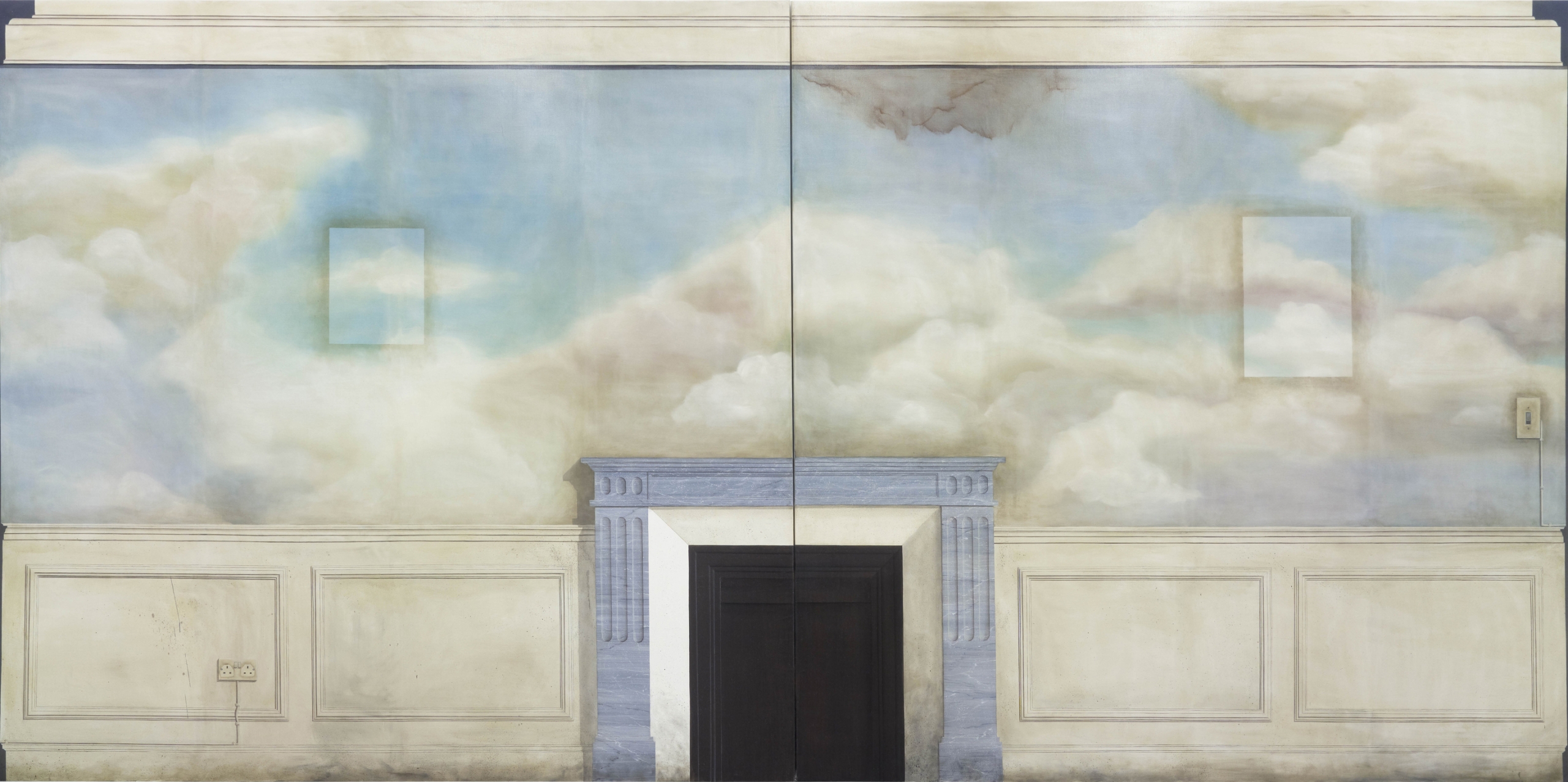 image by lucy mckenzie for tate liverpool feature on luxy mckenzie, featuring a wall with a fireplace and blue and white sky painted on it with clouds