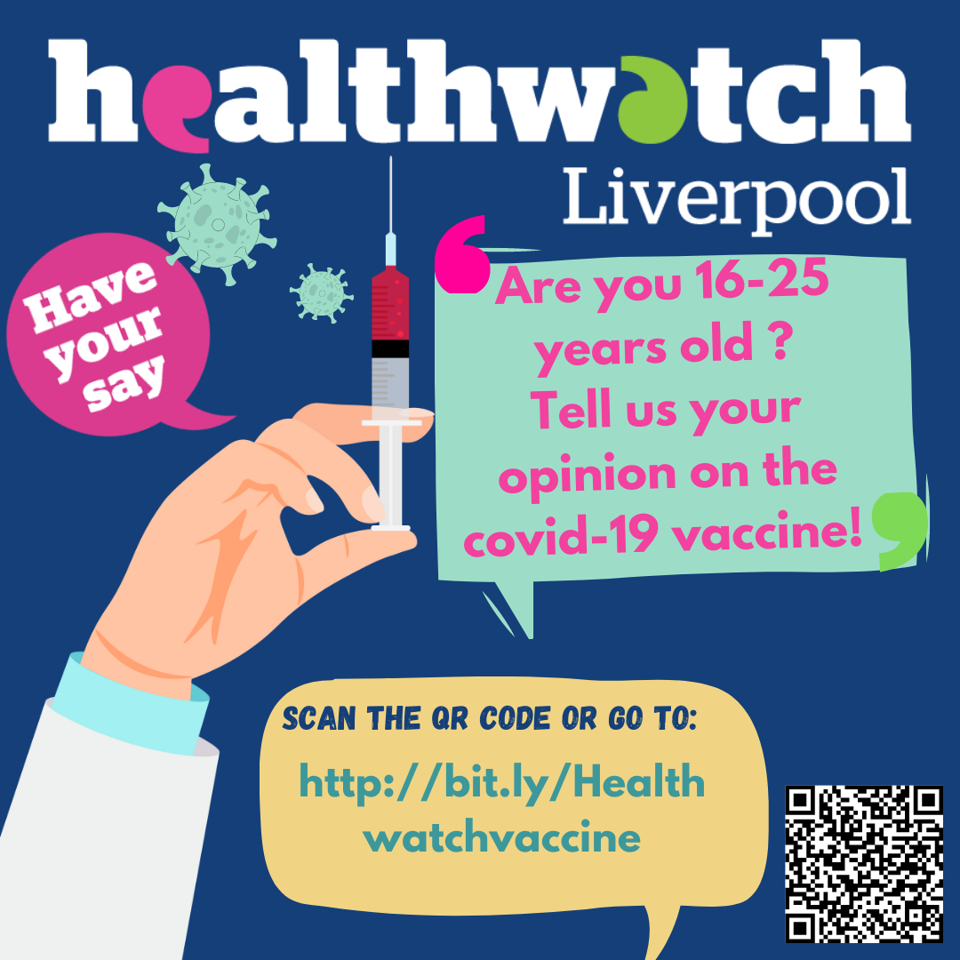 promotional poster im blue with a white hand to the left holding a syringe. copy asks people aged 16-25 years to tell them your opinion on the covid vaccine