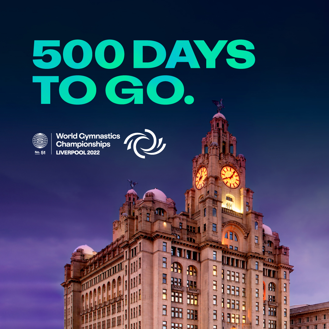 graphic of the words 500 days to go in green against the liverpool liver birds in background with the world gymnastics logo