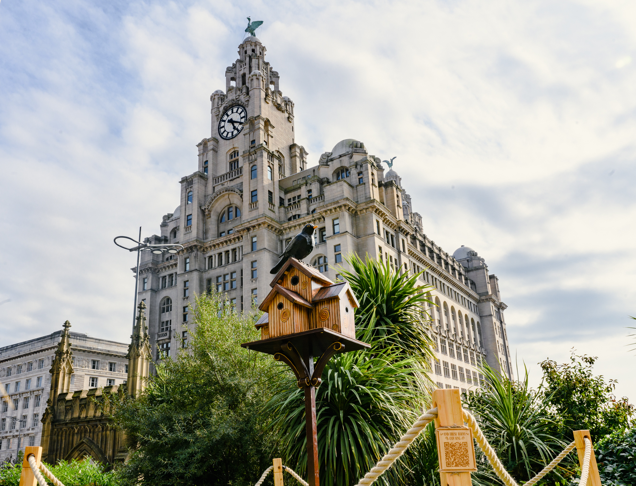 public artwork bird box with a wooden bird on top in front of the royal liver building