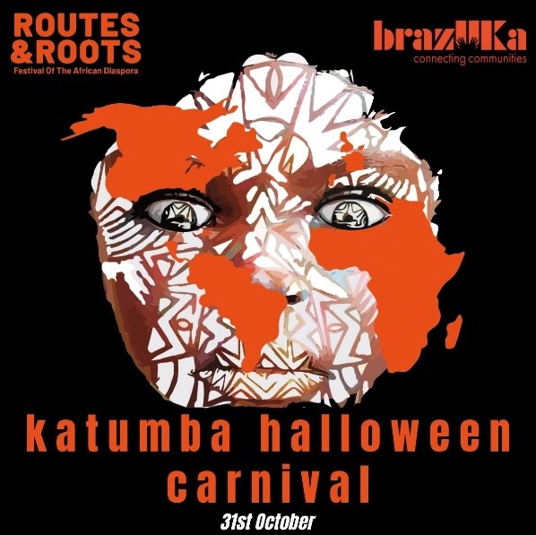 orange and white face mask with two eyes looking through eye slots promoting katumba halloween carnival