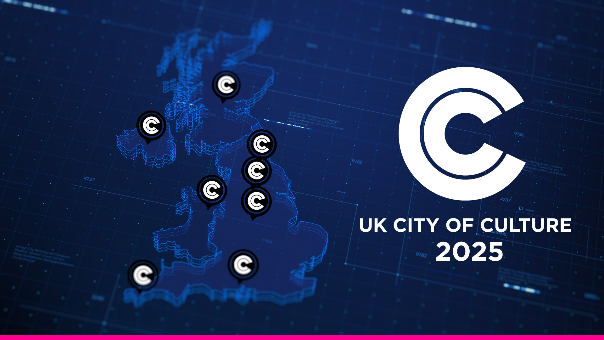 blue image of the UK map with dots on uk cities with white circle saying UK city of culture 2025