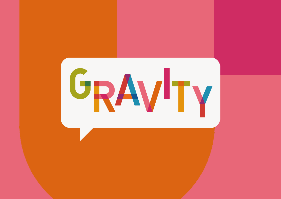 white speech bubble saying GRAVITY in coloured letters against a orange, pink and purple swirl