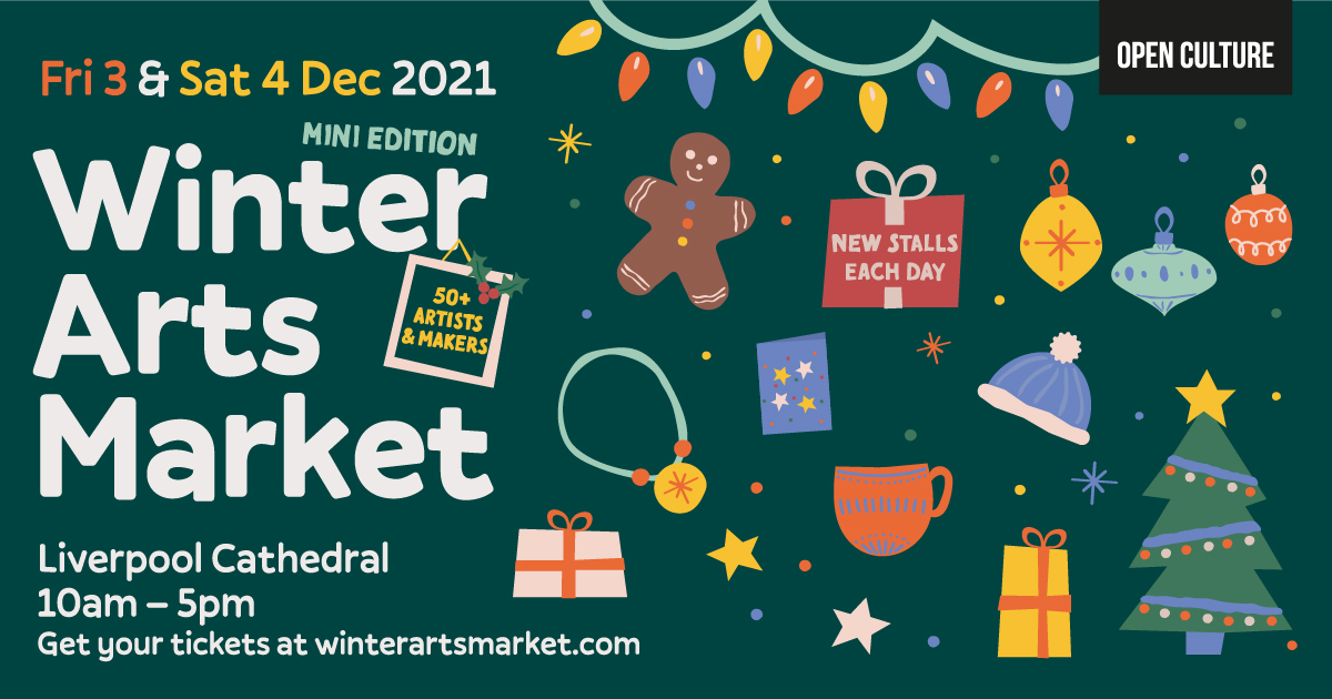 green block with white copy that says winter arts market and christmas animated characters including a christmass tree, gingerbread man, present, baubles, jewellery, bobble hat and present