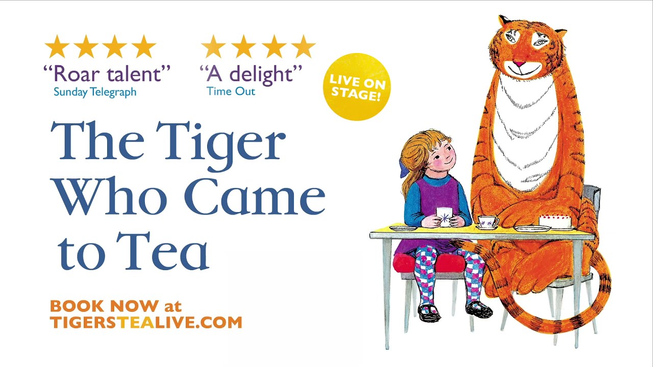 illustration of a little girl sitting at a table with a tiger - copy says The Tiger who came to tea