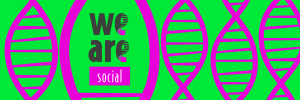 pink and green block with green swirls around black text which says we are social