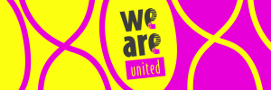 yellow block with pink swirls around black text which says we are united