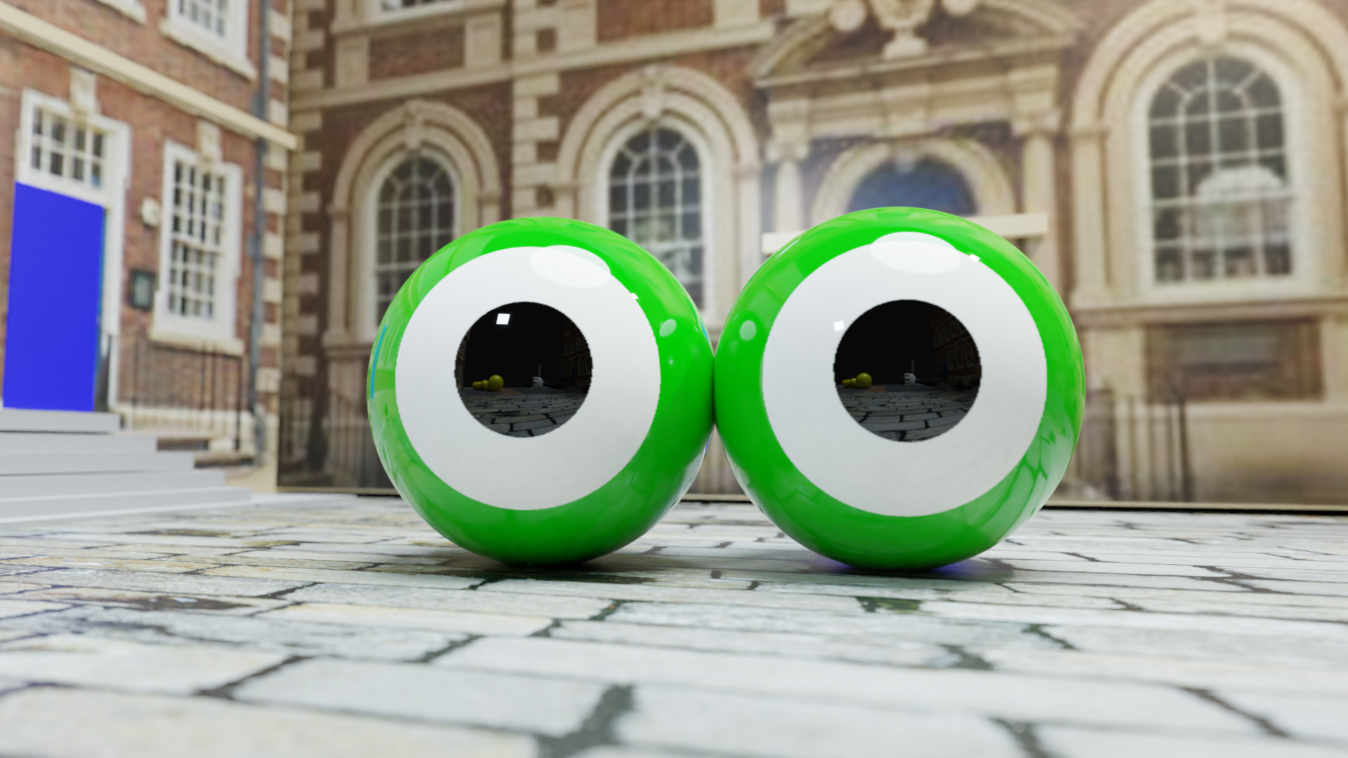 two large green eyes on the paving stones of the bluecoat, with the bluecoat in the background - image called OK Cherub