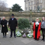 holocaust memorial - Lord Mayor of Liverpool Cllr Mary Rasmussen, with, from left, Cllr Richard Kemp, leader of the opposition, Cllr Jane Corbett, Deputy Mayor, Rabbi Natan Fagleman, Allerton Synagogue, and students from Alsop High School, lay wreaths in St John’s Gardens