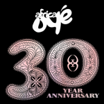 black block with white text saying africa oye and pink 30 year anniversary