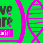 pink and green block with green swirls around black text which says we are social