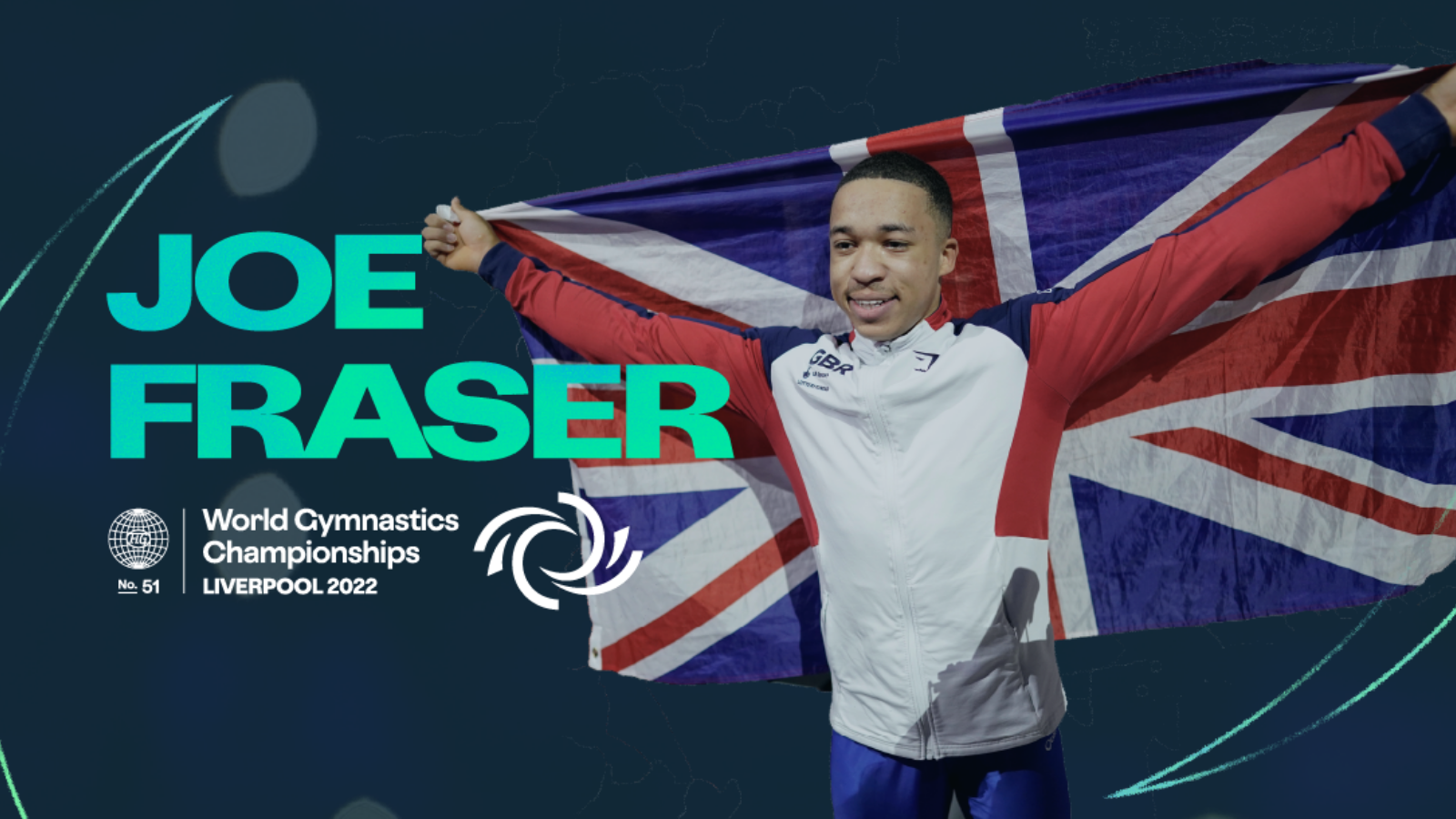 gymnast joe fraser wearing olympic tracksuit holding up the UK flag behind him. Green neon text says JOE FRASER in uppercase letters, the white logo of the gymnastics championships says GYMNASTICS WORLD CHAMPIONSHIPS to the left under Joe's name