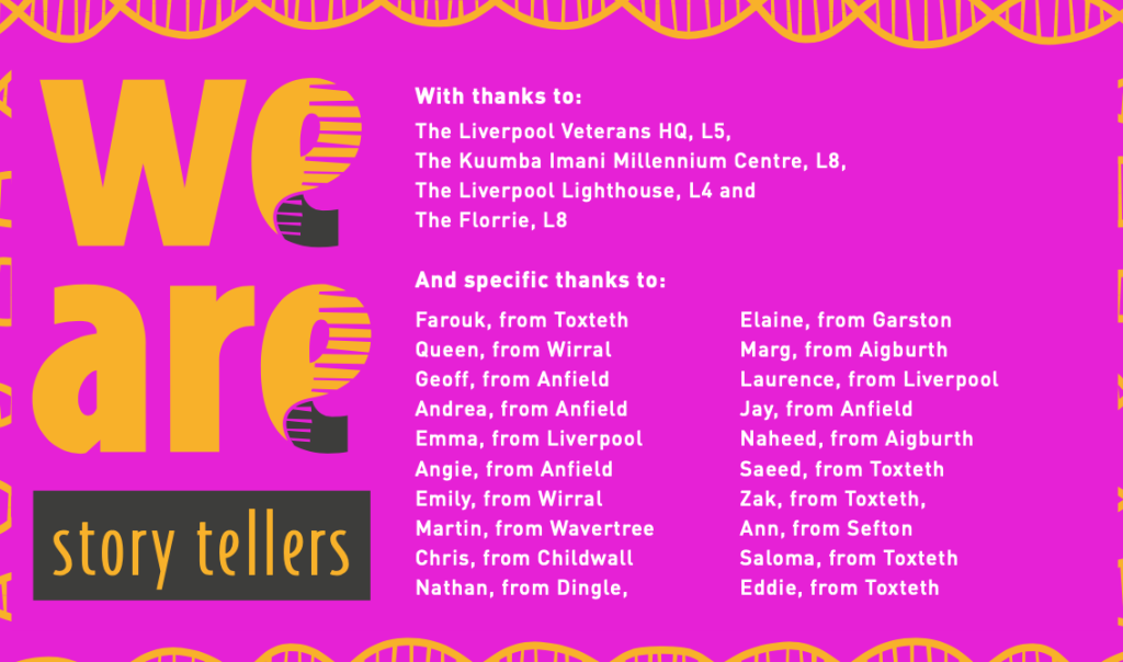 pink block with orange text that says we are storytellers and then in white a series of names of people who took part in the films