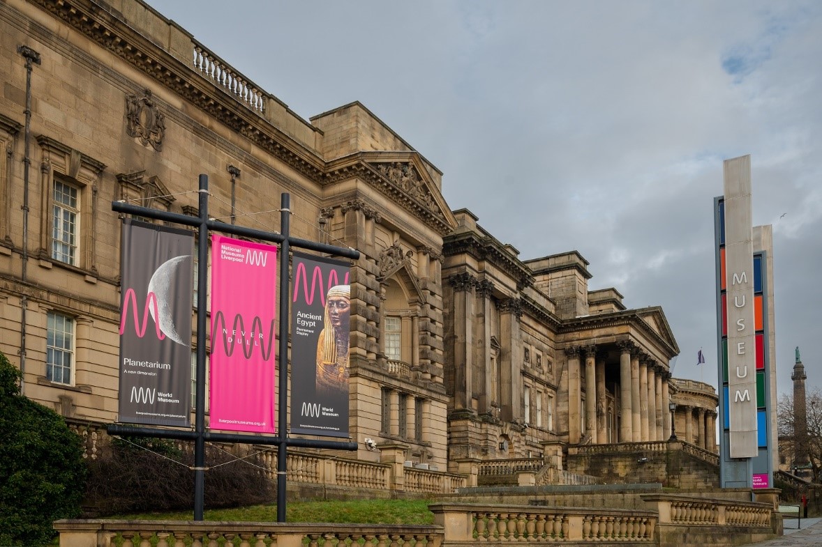 world museum in liverpool with banners outside front of museum where the slavery plaque will be