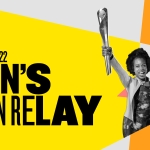 queens baton relay text over a yellow band with a black lady holding a baton in the air