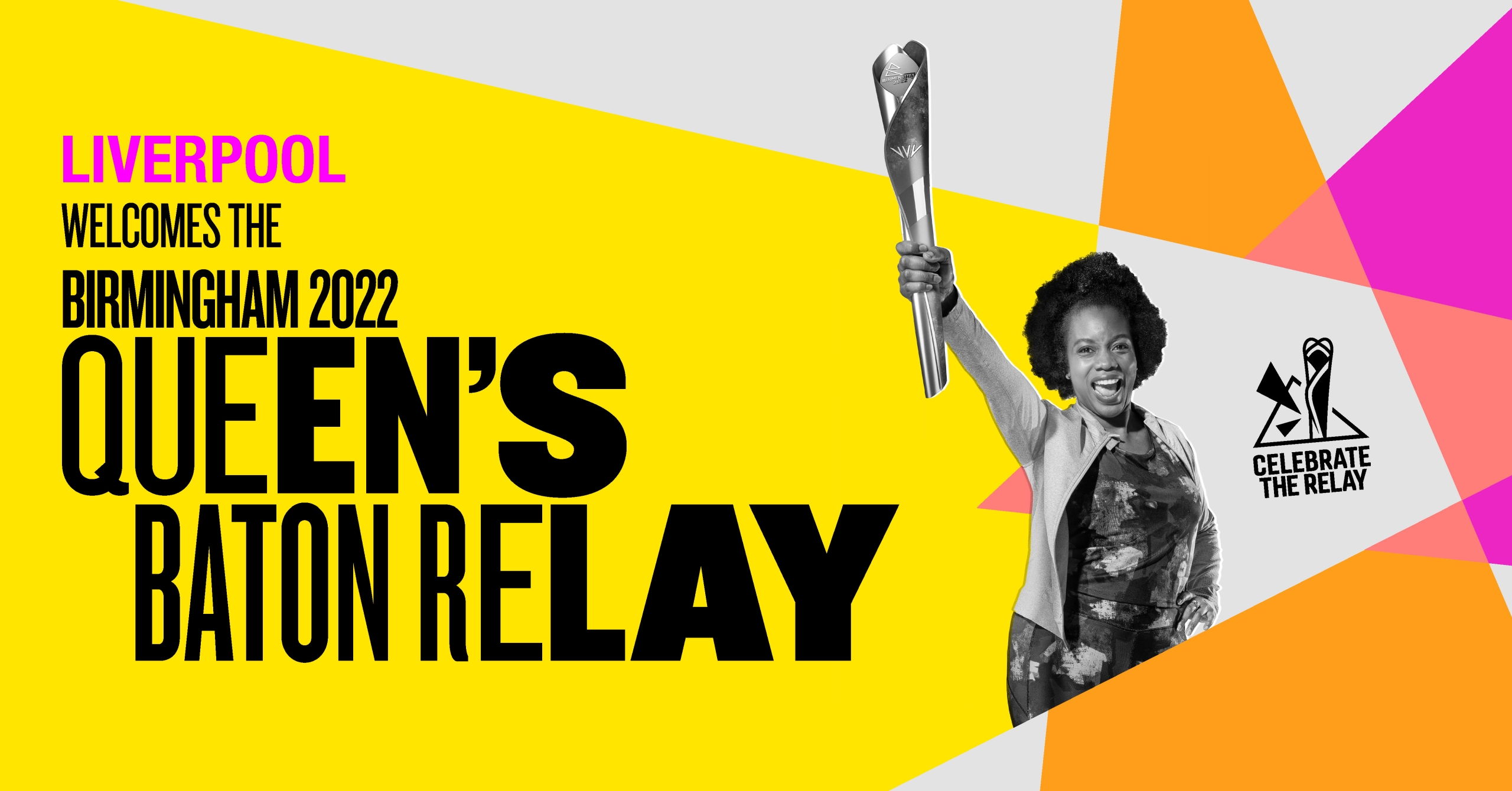 queens baton relay text over a yellow band with a black lady holding a baton in the air