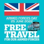 turquoise block with a british flag and arriva bus with whtie text says ARMED FORCES DAY 25 JUNE 2022 FREE TRAVEL FOR OUR ARMED FORCES