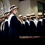 inside bluecoat rows of girls in black cloaks with beige hats, white trim on collar of black cloaks