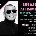 limf promotional artwork with black and white photo of ali campbell, pink text says UB40 ft ali campbell