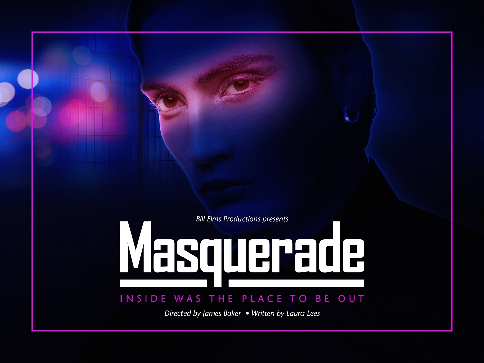 promotional poster for masquerade of a lady in the dark with pruple and pink light over her eyes