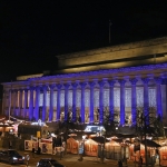 christmas market on the plateau of st georges hall at night in liverpool