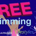 blue block, pink FREE and blue text says swimming - beige silhouette of a little girl, promotes free swim